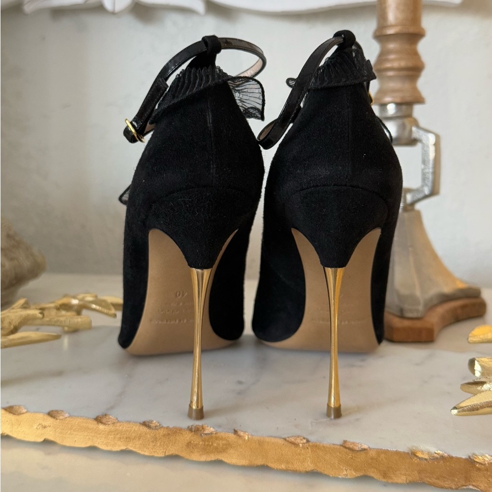 Black suede heels t-strap unique elegant classy pumps pointy toe shoes - Picture 13 of 13